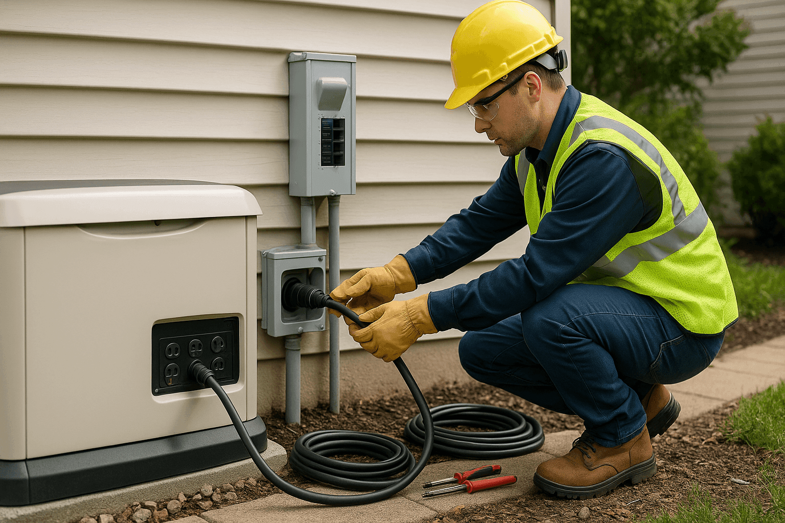 Technician connecting a backup generator to a home's exterior panel
