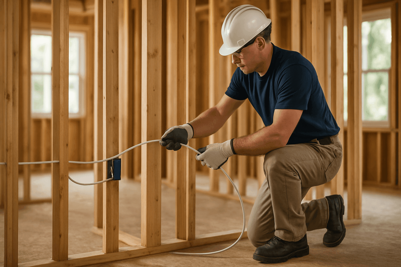 Electrician installing new wiring inside residential wall frame