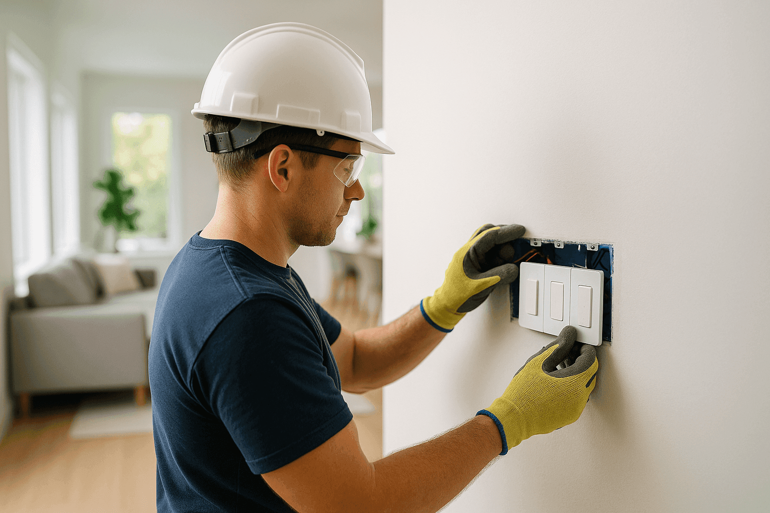 Electrician installing smart home wiring in a modern living room